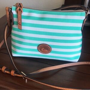 Dooney & Bourke Green and white striped with brown leather trim Crossbody Bag